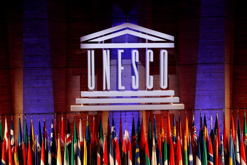 &copy; Reuters. FILE PHOTO: The UNESCO logo is seen during the opening of the 39th session of the General Conference of the United Nations Educational, Scientific and Cultural Organization (UNESCO) at their headquarters in Paris, France, October 30, 2017. REUTERS/Philipp