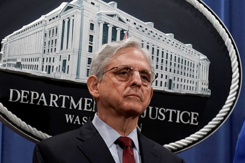 &copy; Reuters. FILE PHOTO: U.S. Attorney General Merrick Garland attends a news conference to announce that the Justice Department will file a lawsuit challenging a Georgia election law that imposes new limits on voting, at the Department of Justice in Washington, D.C.,
