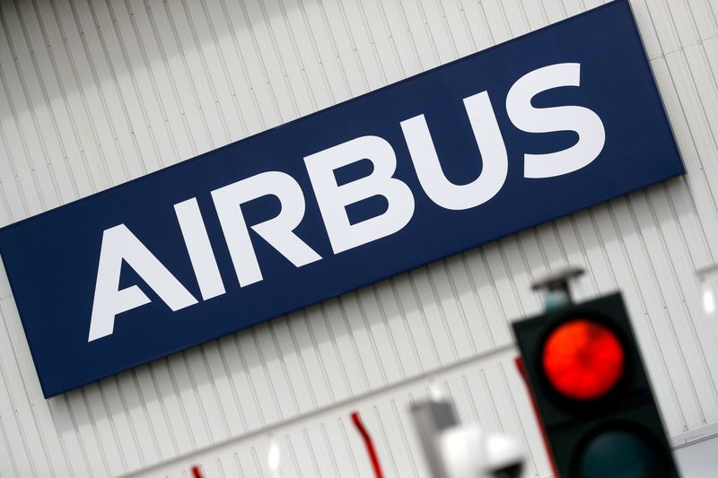 &copy; Reuters. FILE PHOTO:  The logo of Airbus is pictured at the entrance of the Airbus facility in Bouguenais, near Nantes, France, July 2, 2020. REUTERS/Stephane Mahe/File Photo