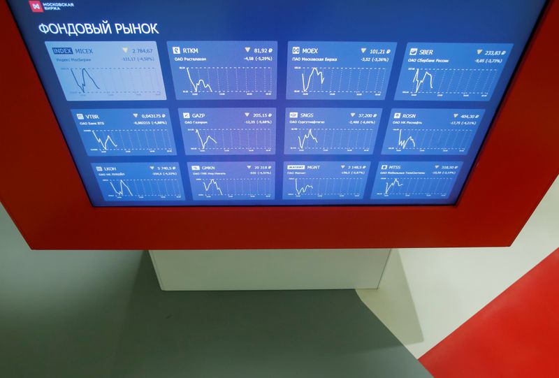&copy; Reuters. An information screen is seen inside the office of the Moscow Exchange in Moscow, Russia February 28, 2020.  REUTERS/Maxim Shemetov