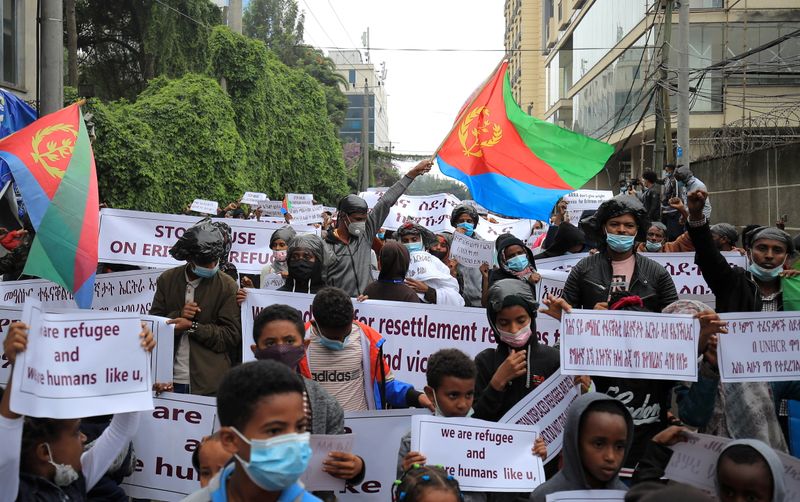 &copy; Reuters. Eritrean Refugees protest in-front of the United Nations High Commissioner for Refugees (UNHCR) offices to condemn the attacks on the refugees in Hitsats and Shimelba camps during the fight between Ethiopia’s National Defence Force and Tigray People Lib
