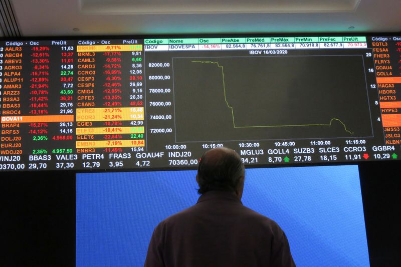 &copy; Reuters. FILE PHOTO: A man stands in front of an electronic display at B3 Brazilian Stock Exchange after an automatic circuit breaker was triggered this morning, in Sao Paulo, Brazil, March 16, 2020 REUTERS/Rahel Patrasso