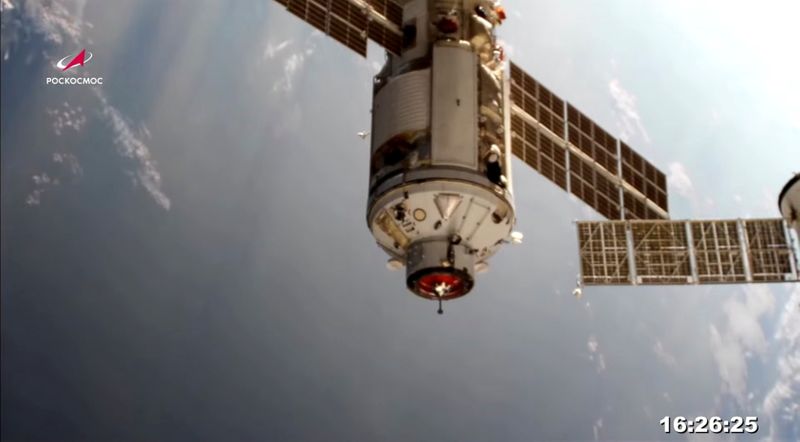 &copy; Reuters. The Nauka (Science) Multipurpose Laboratory Module is seen during its docking to the International Space Station (ISS) on July 29, 2021 in this still image taken from video.  Roscosmos/Handout via REUTERS