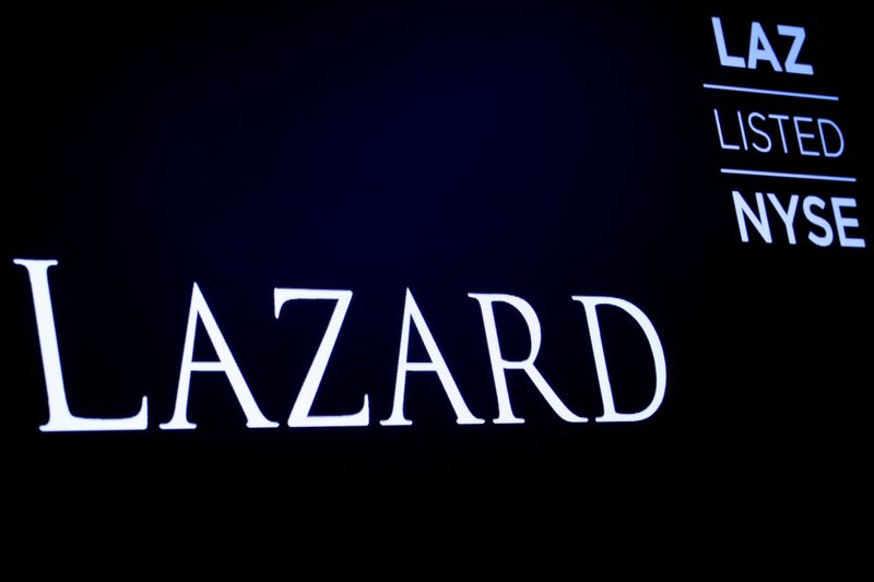 &copy; Reuters. FILE PHOTO: The logo and trading information for Lazard Ltd appear on a screen on the floor at the New York Stock Exchange (NYSE) in New York, U.S., April 24, 2019. REUTERS/Brendan McDermid/File Photo