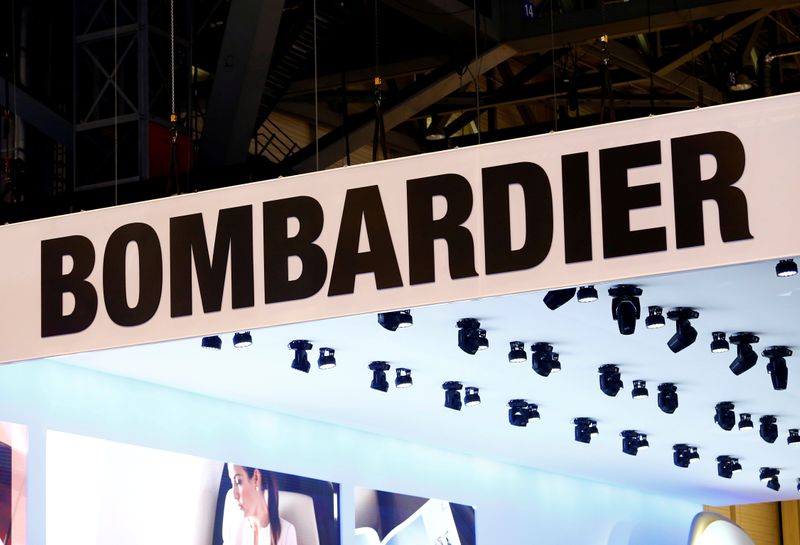 &copy; Reuters. FILE PHOTO: A logo of jet manufacturer Bombardier is pictured on their booth during the European Business Aviation Convention & Exhibition (EBACE) in Geneva, Switzerland, May 22, 2017.  REUTERS/Denis Balibouse/File Photo
