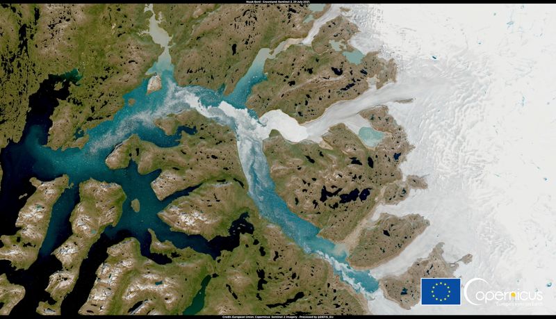 &copy; Reuters. FILE PHOTO: A satellite image shows Nuuk Fjord, Greenland July 29, 2021. European Union, Copernicus Sentinel-2 imagery - Processed by @DEFIS_EU/Handout via REUTERS    