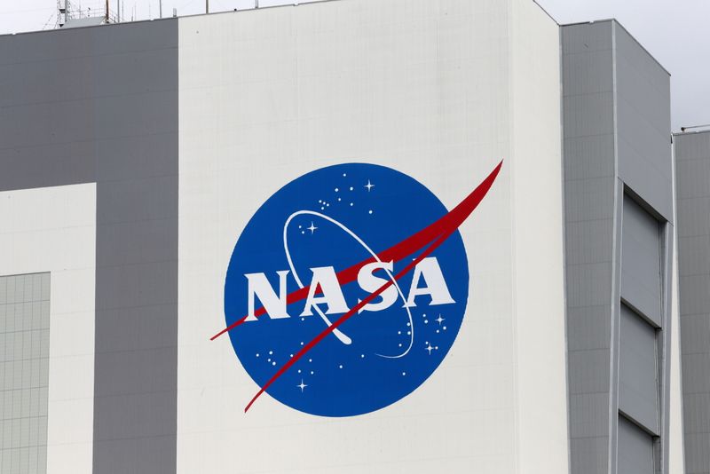 &copy; Reuters. FILE PHOTO: The NASA logo is seen at Kennedy Space Center ahead of the NASA/SpaceX launch of a commercial crew mission to the International Space Station in Cape Canaveral, Florida, U.S., April 16, 2021. REUTERS/Joe Skipper
