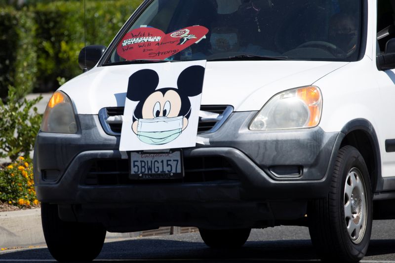 &copy; Reuters. Coalition of Resort Labor Unions representing Disney cast members stage a car caravan outside Disneyland California, calling for higher safety standards for Disneyland to reopen during the global outbreak of the coronavirus disease (COVID-19) in Anaheim, 