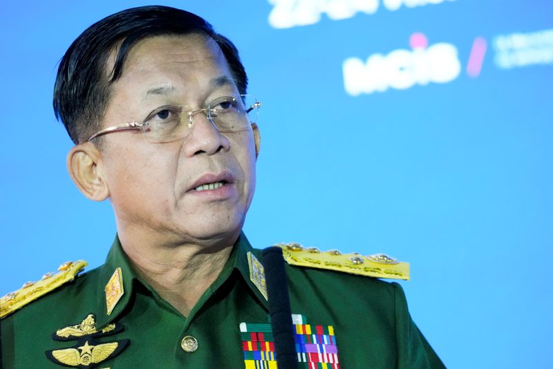 &copy; Reuters. FILE PHOTO: Commander-in-Chief of Myanmar's armed forces, Senior General Min Aung Hlaing, delivers a speech at the IX Moscow conference on international security in Moscow, Russia, June 23, 2021. Alexander Zemlianichenko/Pool via REUTERS/File Photo