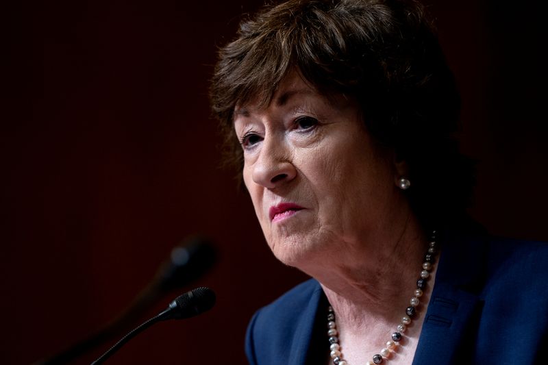 &copy; Reuters. FILE PHOTO: Senator Susan Collins (R-ME) speaks during a Senate Appropriations Subcommittee on Commerce, Justice, Science, and Related Agencies hearing at the Dirksen Senate Office building in Washington, D.C., U.S., June 9, 2021. Stefani Reynolds/Pool vi