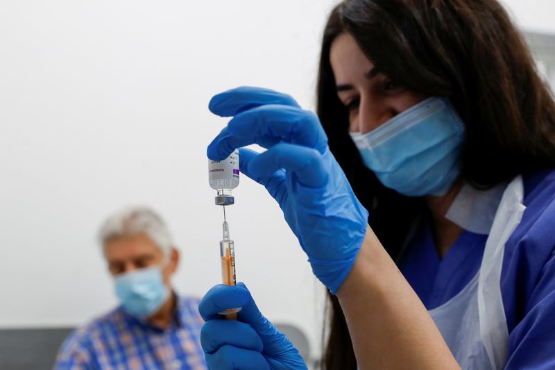 &copy; Reuters. FILE PHOTO: A health worker fills a syringe with a dose of the Oxford/AstraZeneca COVID-19 vaccine at Cullimore Chemist, amid the coronavirus disease (COVID-19) outbreak, in Edgware, London, Britain January 14, 2021. REUTERS/Paul Childs