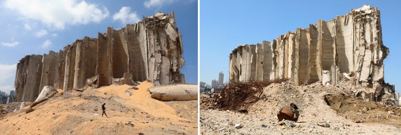 &copy; Reuters. FILE PHOTO: A combination picture shows the grain silo that was damaged during Aug. 4 explosion in Beirut's port, shot on August 7, 2020 and the same area after almost a year since the blast, Lebanon on July 13, 2021. REUTERS/Mohamed Azakir/File Photo