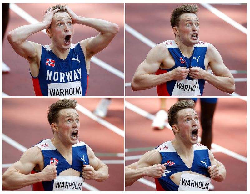 &copy; Reuters. Combinação de fotos de Warholm, da Noruega, após quebrar o recorde mundial dos 400m com barreiras
03/08/2021
REUTERS/Phil Noble