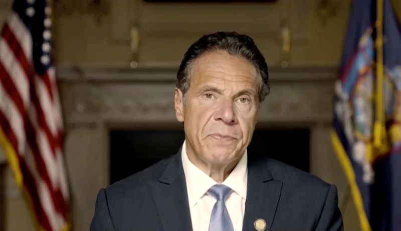 &copy; Reuters. New York Governor Andrew Cuomo makes a statement in this screen grab taken from a pre-recorded video released by Office of the NY Governor, in New York, U.S., August 3, 2021.  Office of Governor Andrew M. Cuomo/Handout via REUTERS  