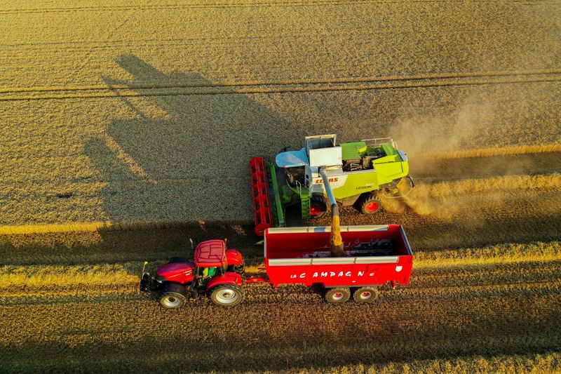 &copy; Reuters. Imagen de archivo de un agricultor francés cosechando su campo de trigo durante la puesta de sol en Thun-l'Évêque, en el norte de Francia. 22 de julio, 2021. Imagen tomada con un dron. REUTERS/Pascal Rossignol/Archivo