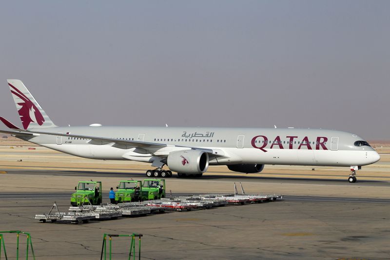 &copy; Reuters. FILE PHOTO: A Qatar Airways plane lands at the King Khalid International Airport, in Riyadh Saudi Arabia January 11, 2021. REUTERS/Ahmed Yosri/File Photo