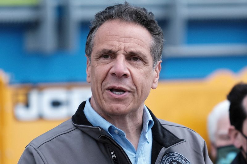 &copy; Reuters. FILE PHOTO: New York Governor Andrew Cuomo speaks during a ground breaking ceremony at the Bay Park Water Reclamation Facility in East Rockaway, New York, U.S., April 22, 2021. Spencer Platt/Pool via REUTERS