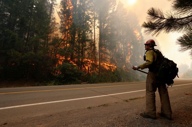 &copy; Reuters. Firefighter David Molter monitors the progress of flames that were burning along a roadway at the Dixie Fire, a wildfire near the town of Greenville, California, U.S. August 5, 2021. REUTERS/Fred Greaves