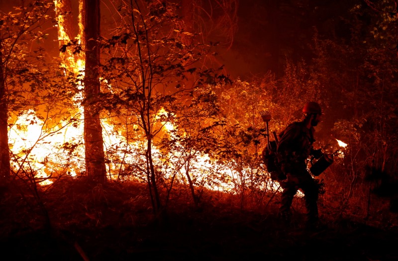 &copy; Reuters. FILE PHOTO: U.S. Forest Service firefighter Ben Foley lights backfires to slow the spread of the Dixie Fire, a wildfire near the town of Greenville, California, U.S. August 6, 2021. REUTERS/Fred Greaves