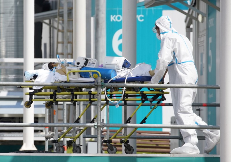 © Reuters. FILE PHOTO: A medical specialist wearing protective gear transports a person on a stretcher at a hospital for patients infected with COVID-19, on the outskirts of Moscow, Russia July 2, 2021. REUTERS/Tatyana Makeyeva/File Photo