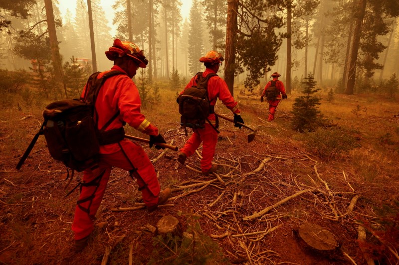 &copy; Reuters. أفراد من خدمة الإطفاء يحاولون إخماد حريق ديكسي بولاية كاليفورنيا الأمريكية يوم الاحد. تصوير: فريد جريفز - رويترز. 