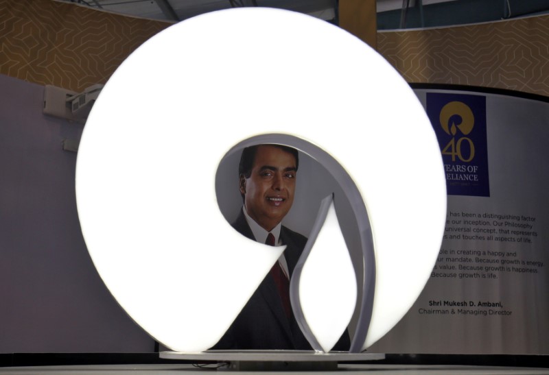 &copy; Reuters. The logo of Reliance Industries is pictured in a stall at the Vibrant Gujarat Global Trade Show at Gandhinagar, India, January 17, 2019. REUTERS/Amit Dave