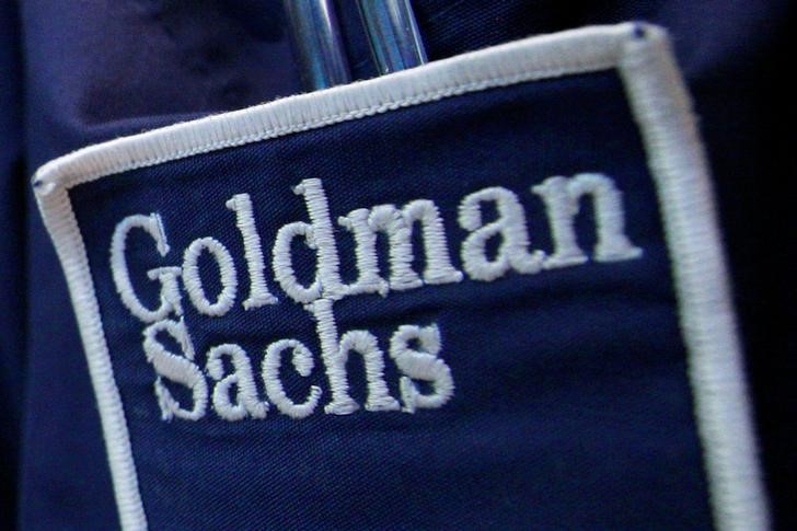 &copy; Reuters. The logo of Dow Jones Industrial Average stock market index listed company Goldman Sachs (GS) is seen on the clothing of a trader working at the Goldman Sachs stall on the floor of the New York Stock Exchange, United States, in this April 16, 2012 file ph