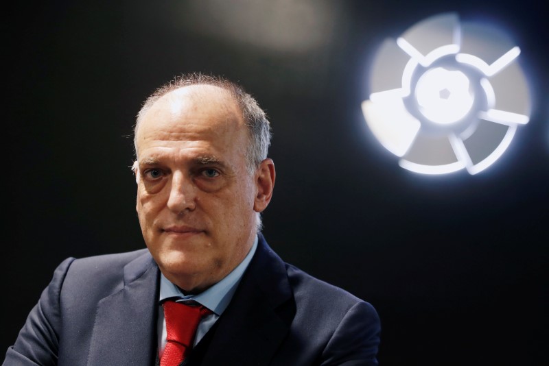 &copy; Reuters. FILE PHOTO: La Liga President Javier Tebas poses before an online interview with Reuters at the La Liga headquarters in Madrid, Spain January 27, 2021. REUTERS/Susana Vera