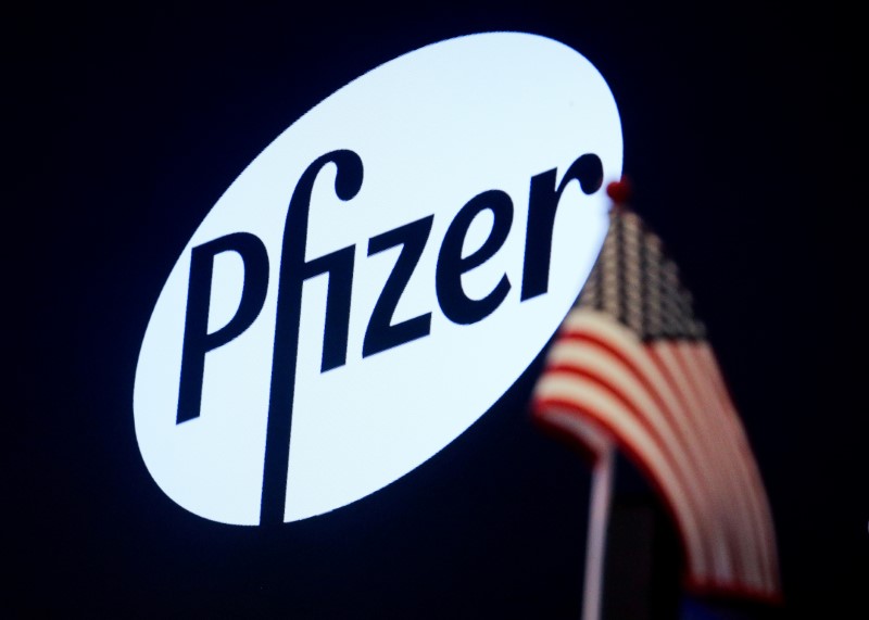 &copy; Reuters. FILE PHOTO: A logo for Pfizer is displayed on a monitor on the floor at the New York Stock Exchange (NYSE) in New York, U.S., July 29, 2019. REUTERS/Brendan McDermid