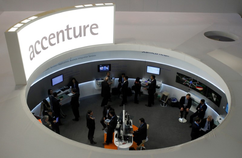 &copy; Reuters. FILE PHOTO: Visitors look at devices at Accenture stand at the Mobile World Congress in Barcelona, February 26, 2013.    REUTERS/Albert Gea/File Photo                