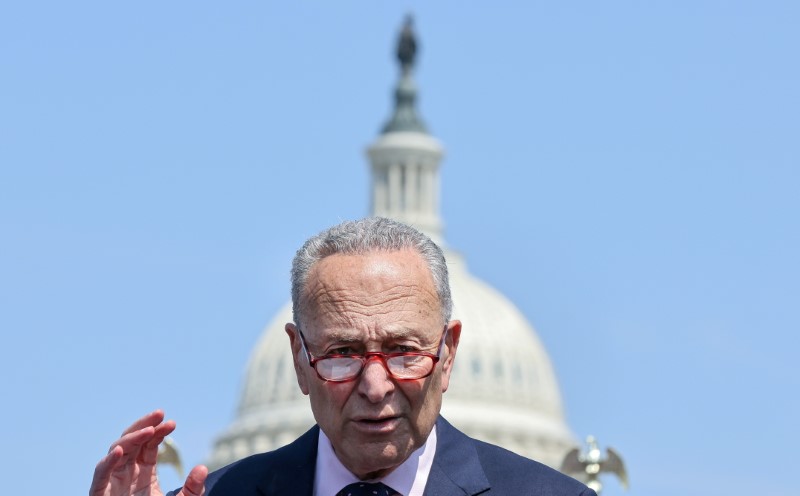 &copy; Reuters. FILE PHOTO: Senate Majority leader Chuck Schumer (D-NY) speaks outside the U.S. Capitol in Washington, U.S., August 4, 2021. REUTERS/Evelyn Hockstein