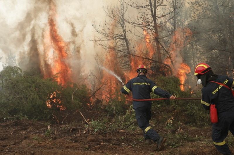 &copy; Reuters. رجال إطفاء يكافحون حرائق الغابات في اليونان يوم 10 أغسطس آب 2021. رويترز