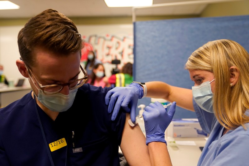 &copy; Reuters. FILE PHOTO: Fourth-year medical student Anna Roesler administers the Pfizer-BioNTech coronavirus disease (COVID-19) vaccine at Indiana University Health, Methodist Hospital in Indianapolis, Indiana, U.S., December 16, 2020. REUTERS/Bryan Woolston