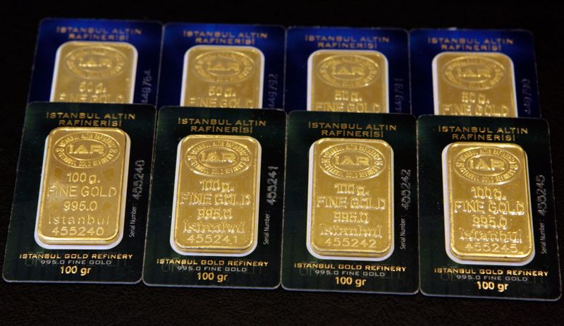 &copy; Reuters. Bars of 50 and 100 gram (front) fine gold are displayed at the branch of Istanbul Gold Refinery in Istanbul July 19, 2011. Gold prices eased back below the key psychological $1,600 an ounce mark on Tuesday, retreating from earlier record highs, as a recov