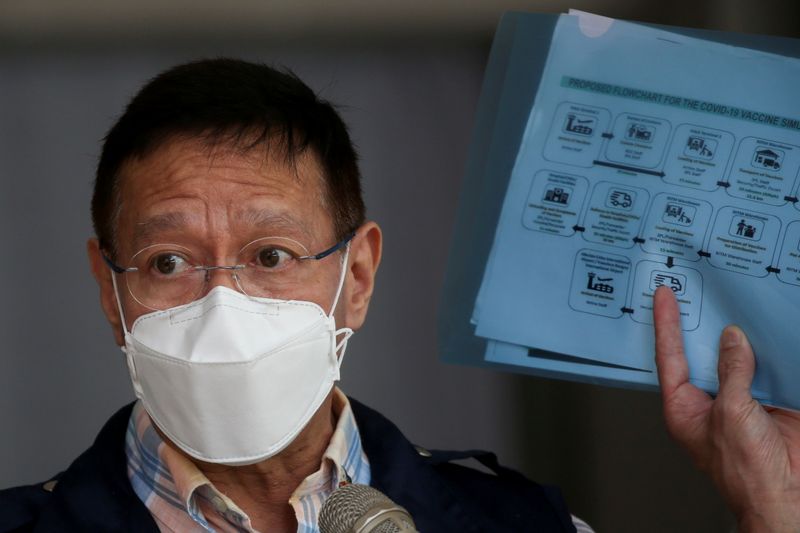 &copy; Reuters. FILE PHOTO: Philippine Health Secretary Francisco Duque holds a flowchart for the COVID-19 vaccine simulation during a press briefing at the Research Institute for Tropical Medicine in Muntinlupa, Metro Manila, Philippines, February 9, 2021. REUTERS/Elois