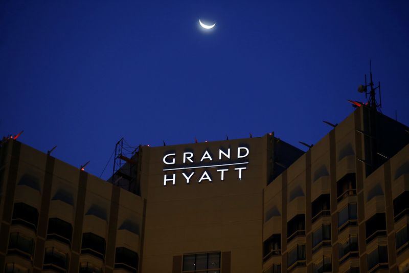 &copy; Reuters. FILE PHOTO: The exterior of the Grand Hyatt hotel is pictured during the dusk, following the coronavirus disease (COVID-19) outbreak, in Jakarta, Indonesia, June 25, 2020. Picture taken June 25, 2020. REUTERS/Willy Kurniawan