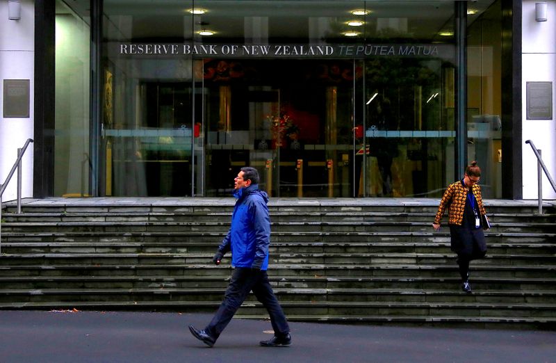 &copy; Reuters. FILE PHOTO: Pedestrians walk near the main entrance to the Reserve Bank of New Zealand located in central Wellington, New Zealand, July 3, 2017.   REUTERS/David Gray/File Photo/File Photo