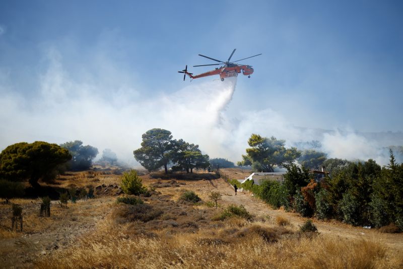 © Reuters. Deux incendies de forêt, attisés par des vents violents, ont entraîné lundi l'évacuation de villages situés à quelques dizaines de kilomètres d'Athènes. /Photo prise le 16 août 2021/REUTERS/Alkis Konstantinidis