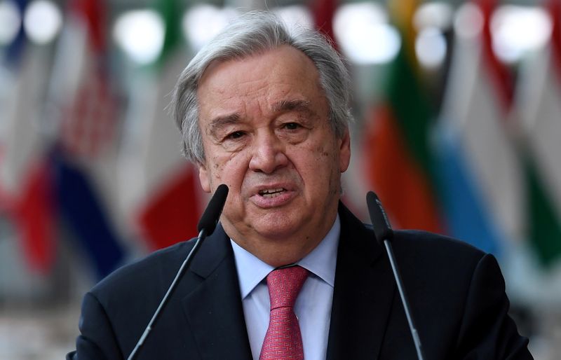 © Reuters. Secretary-General of the United Nations Antonio Guterres addresses the media as he arrives on the first day of the European Union summit at The European Council Building in Brussels, Belgium June 24, 2021. John Thys/Pool via REUTERS