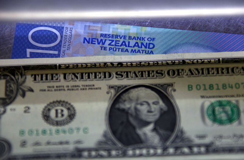 © Reuters. FILE PHOTO: A New Zealand ten dollar note sits underneath a United States one dollar bill in the window of a currency exchange teller in Sydney, Australia, March 10, 2016. REUTERS/David Gray
