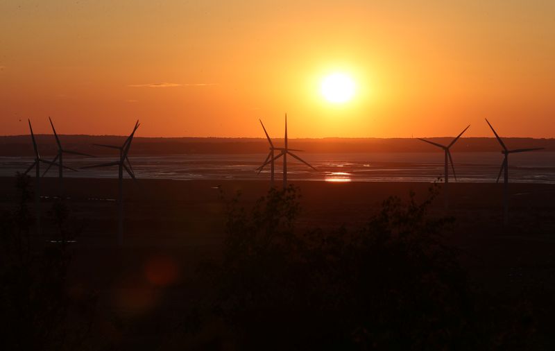 © Reuters. 　８月１８日、「ＺＯＺＯＳＵＩＴ（ゾゾスーツ）」などの開発を手掛けた元ＺＯＺＯＣＯＯ（最高執行責任者）の伊藤正裕氏が、再生エネルギー分野で新事業を仕掛ける。写真は風力発電設備。英フロッドシャムで昨年４月撮影（２０２１年　ロイター／Molly Darlington）
