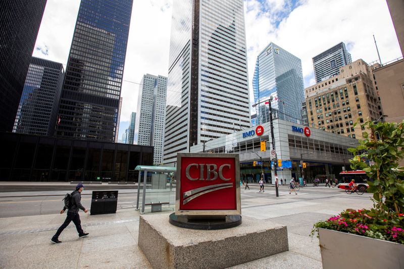 &copy; Reuters. FILE PHOTO: TD Bank, CIBC and Bank of Montreal are seen in the financial district as the provincial phase 2 of reopening from the coronavirus disease (COVID-19) restrictions begins in Toronto, Ontario, Canada June 24, 2020.  REUTERS/Carlos Osorio 