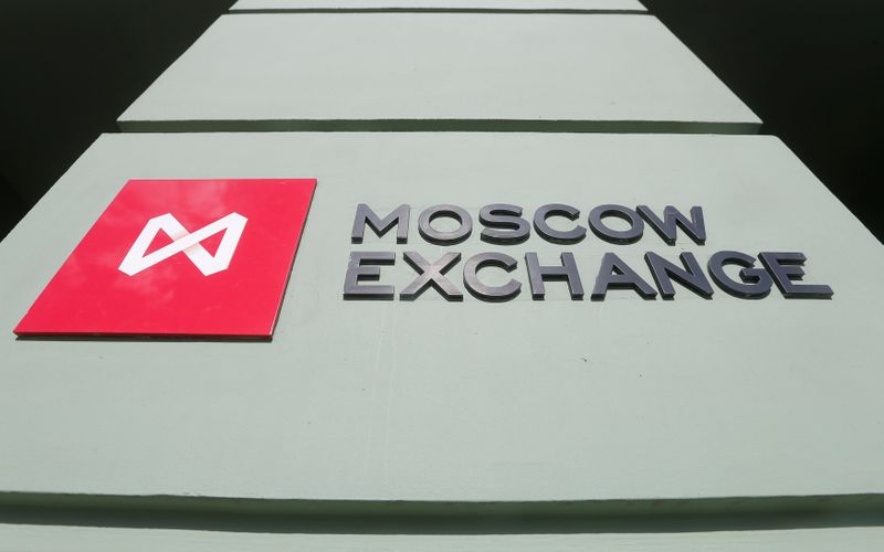 &copy; Reuters. Moscow Exchange's logo is displayed outside its office in the capital Moscow, March 14, 2014. Russian stock indexes plunged to the lowest levels since 2009 on Friday, two days before a referendum in Crimea that is expected to provoke western sanctions aga