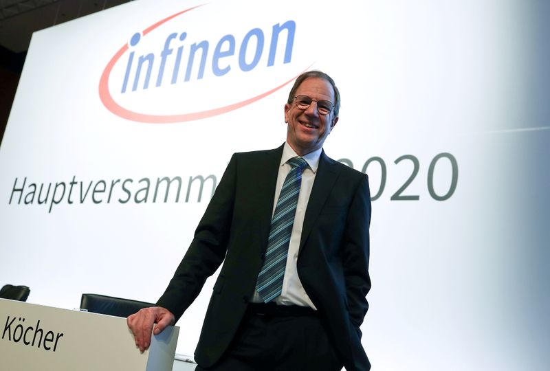 &copy; Reuters.  Reinhard Ploss, CEO di Infineon posa di fronte al logo dell'azienda durante l'assemblea degli azionisti a Monaco di Baviera, 20 febbraio 2020. REUTERS/Michael Dalder/File Photo