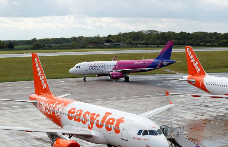 &copy; Reuters. FOTO DE ARCHIVO: Aviones operados por Easyjet y Wizz Air en el aeropuerto de Luton, Reino Unido, 1 de mayo de 2020. REUTERS/Andrew Boyers