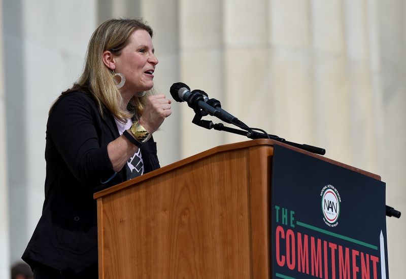 &copy; Reuters. FILE PHOTO: Secretary-Treasurer of American Federation of Labor and Congress of Industrial Organizations (AFL-CIO) Liz Shuler speaks at the Lincoln Memorial during the 'Get Your Knee Off Our Necks' march in support of racial justice, in Washington, U.S., 