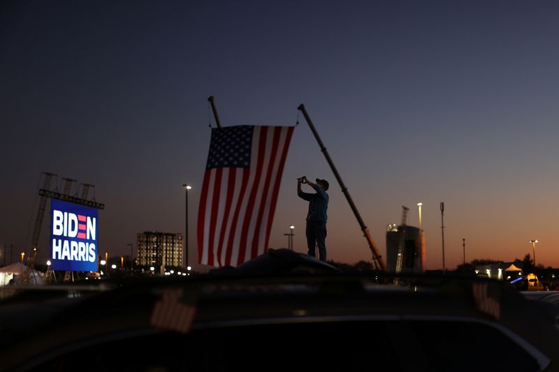 © Reuters. FILE PHOTO: Supporters of Democratic U.S. presidential nominee Joe Biden gather with their cars for a socially distanced election celebration as they await Biden’s remarks and fireworks in Wilmington, Delaware, U.S. November 7, 2020.  REUTERS/Jonathan Ernst