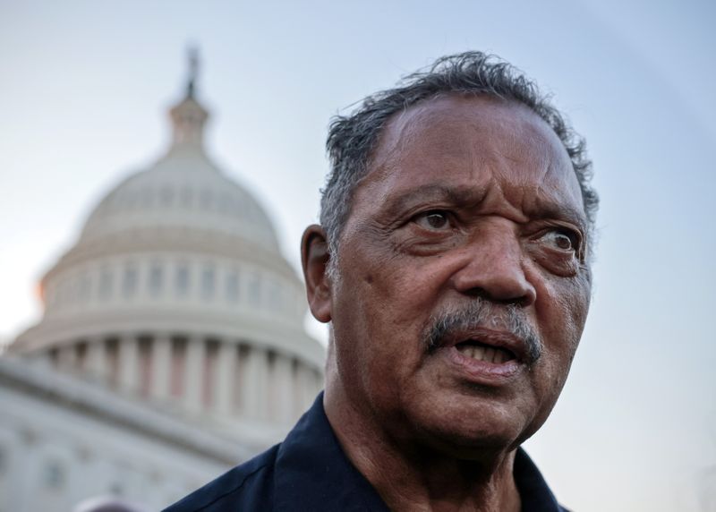 &copy; Reuters. FILE PHOTO: Reverend Jesse Jackson stops by a demonstration outside the U.S. Capitol to protest the expiration of the federal moratorium on residential evictions in Washington, U.S., August 2, 2021. REUTERS/Evelyn Hockstein