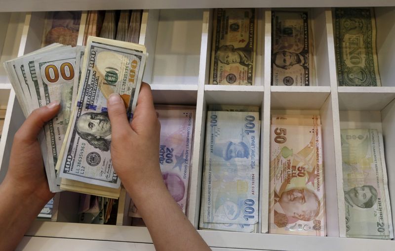 &copy; Reuters. FILE PHOTO: A money changer counts U.S. dollar bills, with Turkish lira banknotes in the background, at an currency exchange office in central Istanbul, Turkey, August 21, 2015. REUTERS/Murad Sezer/File Photo