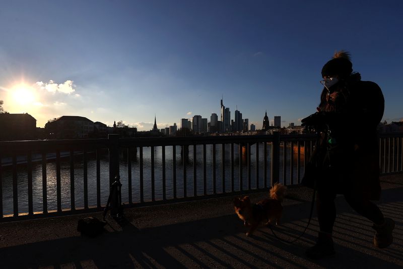 &copy; Reuters. Mulher usando máscara cruza ponte com seu cachorro em Frankfurt, Alemanha
11/02/2021.  
 REUTERS/Kai Pfaffenbach